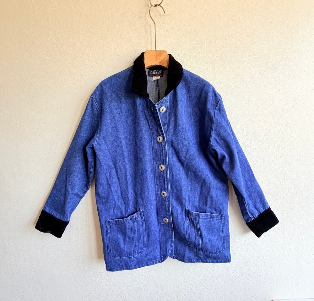 Vintage MASS Denim Barn Chore Jacket Velvet Trim Button Front USA Small Y2K